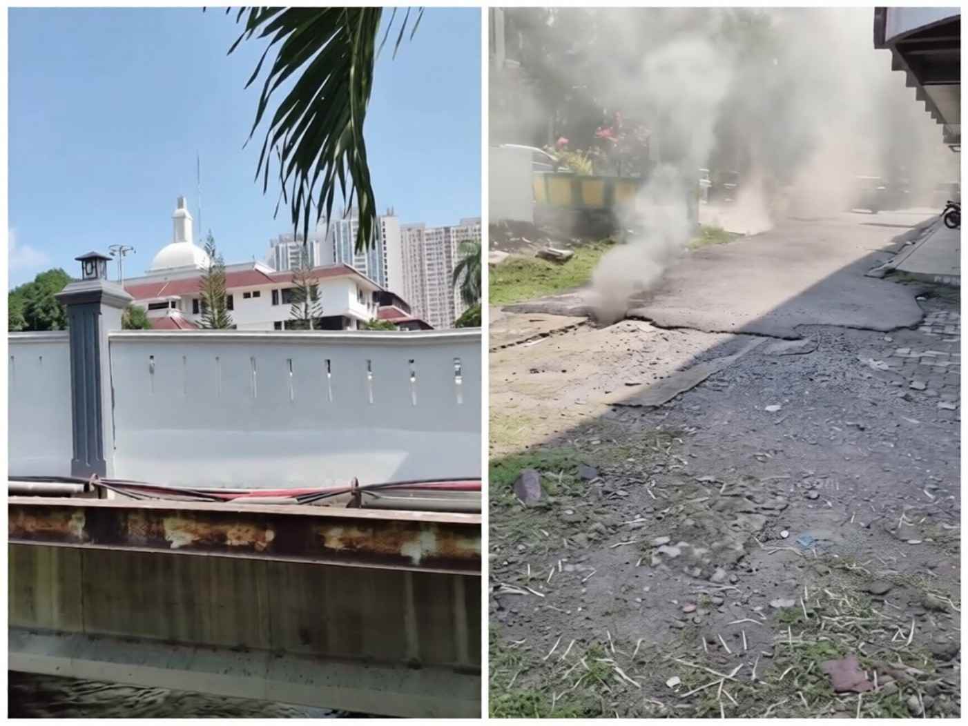 Kepulan asap tebal muncul dari sebuah celah di permukaan tanah di kawasan depan Kantor Wali Kota Medan, Jumat (4/9/2026).