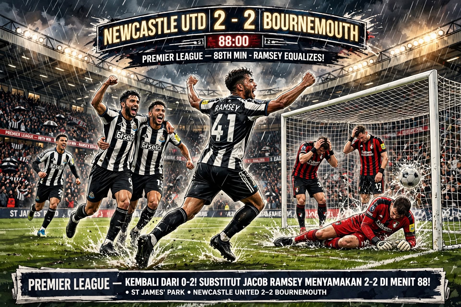 Tertinggal 0-2, Newcastle Bangkit Dramatis dan Paksa Bournemouth Berbagi Poin