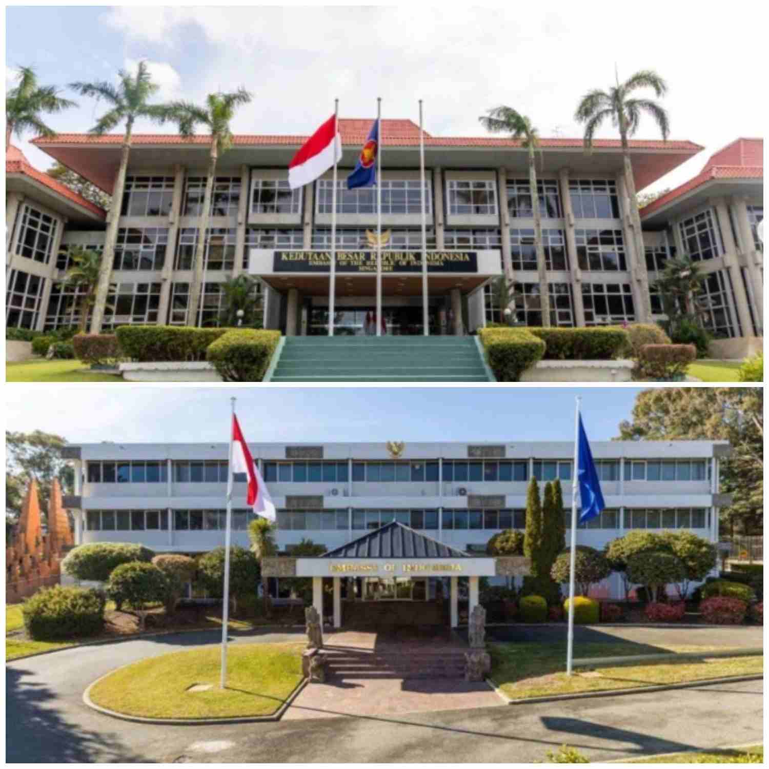 Kantor Kedutaan Besar Indonesia di Singapura (foto atas) dan di Australia (foto bawah).